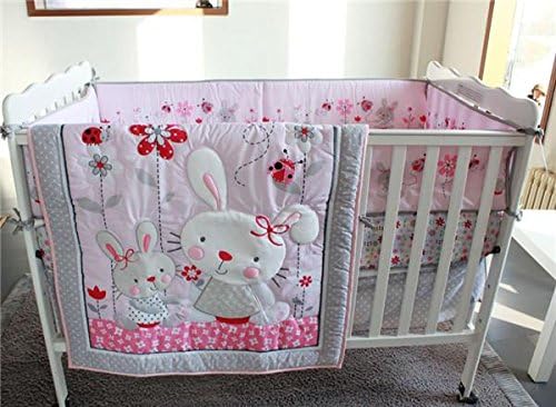Pink Rabbits Baby Crib Nursery Bedding Set Quilt Bumper Sheet Crib Skirt 4pcs