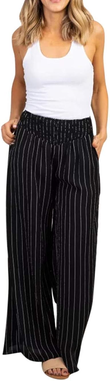 Amazon Com Bohemian Beach Pants Pregnant Lady Tight Height Waist Elastic Stripe Wide Leg Maternity Pant Trousers Black Clothing