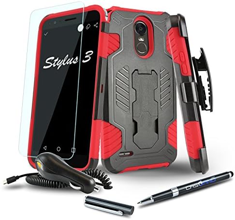 [LG Stylo 3][LG Stylo 3 Plus] Case [Bundle][Elite Series][Red] Phone Cover [Kickstand][Swivel Belt Clip Holster] with Car Charger, Screen Protector and CaselandUSA 2-in-1 Ball/Stylus Pen (Red)