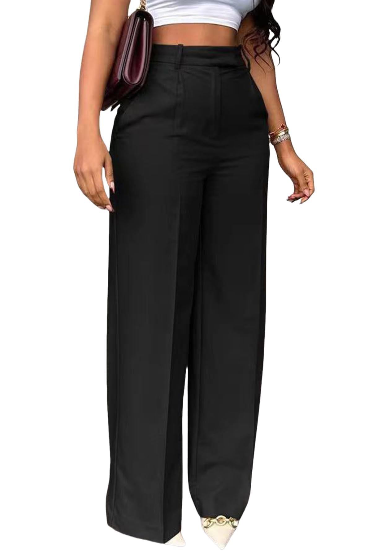 Photo 1 of Unybwonn Women High Waist Dress Pants Straight Wide Leg Business Work Office Trousers Loose Casual Black