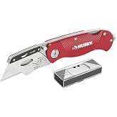 Husky Folding Lock-Back Utility Knife, Red with 10-Blades
