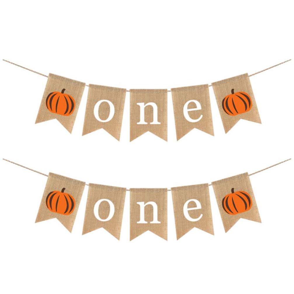 Amosfun 2PCS one pumpkin birthday banner Thanksgiving Day Banner First Pumpkin Birthday Banner Garland for Halloween Thanksgiving Day Party Supplies