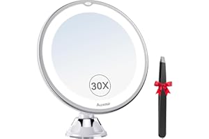 Auxmir 2025 Upgraded 30X Magnifying Mirror with Light, Makeup Mirror with 2-Level Lights, Vanity Mirror with Power Suction Cup and Tweezers, 360° Swivel, Portable Bathroom Mirror for Home Travel