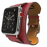 MoKo Compatible Band Replacement for Apple Watch 42mm 44mm Series 4/3/2/1, Genuine Leather Smart Watch Band Cuff Replacement Strap - RED (Not Fit 38mm 40mm Versions)