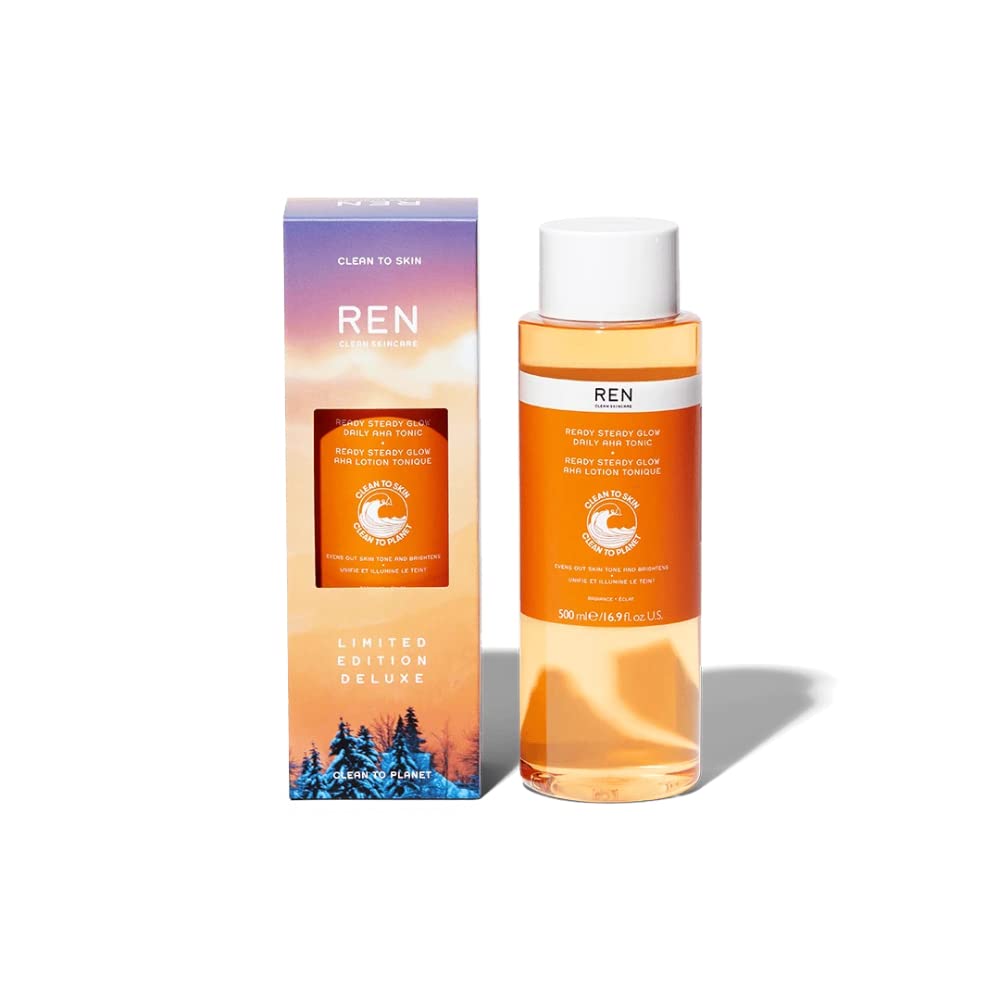 REN Clean Skincare Deluxe Ready Steady Glow Daily AHA Tonic, 500ml – Exfoliating Toner with Lactic Acid & Salicin, Brightens Skin, Reduces Pores and Dark Spots, Smooths Texture for Radiant Complexion