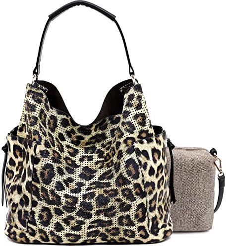 Le Miel Perforated Side Pocket Tote w/Inner Pull-out Crossbody/Pouch (Brown Leopard)