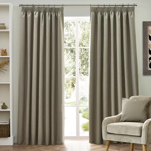 furn. Dawn Textured Blackout Pencil Pleat Curtains – Thermal Lined Pair (Natural - Width 229 x Drop 183cm)