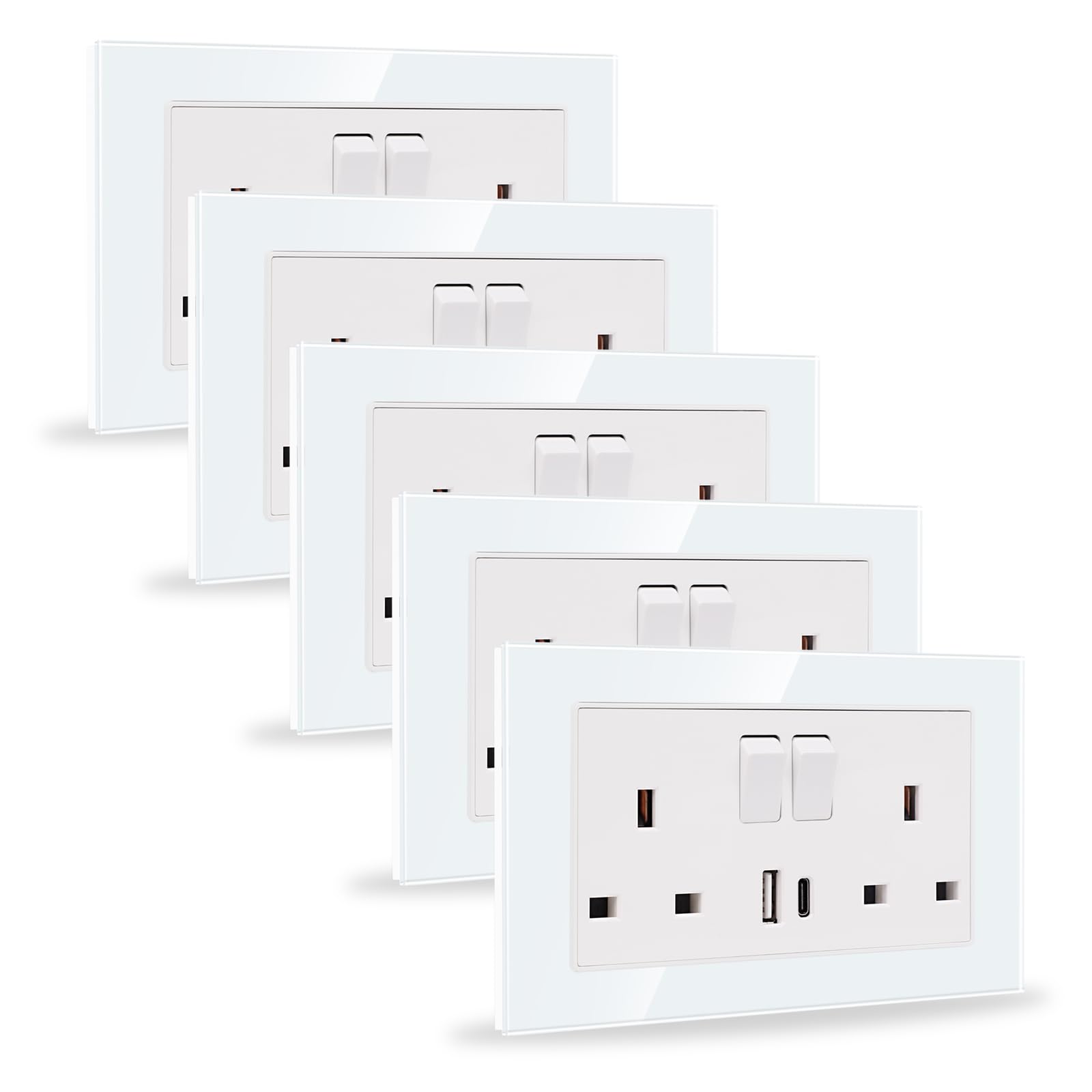 JIMEIDA 5 Pack 20W White Double Switched Socket Fast Charging 13 Amp with USB A and USB C Charging Ports Crystal Glass Panel Wall Outlet,250V