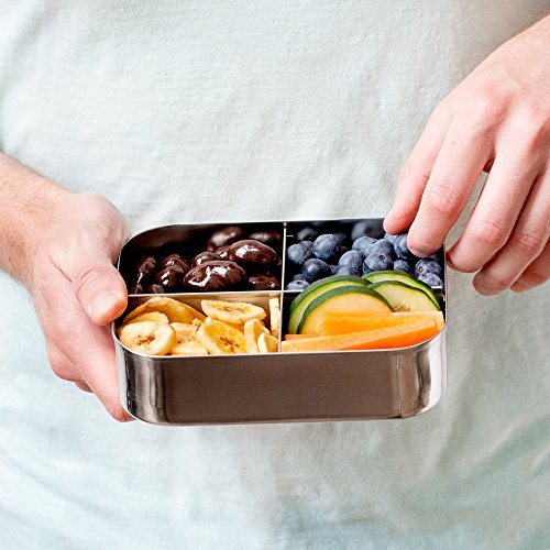 LunchBots Quad Stainless Steel Food Container - Four Section Design Perfect for Healthy Snacks, Sides, or Finger Foods On the Go - Eco-Friendly, Dishwasher Safe and BPA-Free - Green Dots