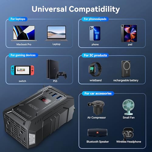 400W Car Power Inverter DC 12V to 110V AC Inverter with PD 30W/15W USB C+2*USB A Ports & 2 AC Outlets, Car Plug Adapter Outlet for Laptop/Phone/Road Trip