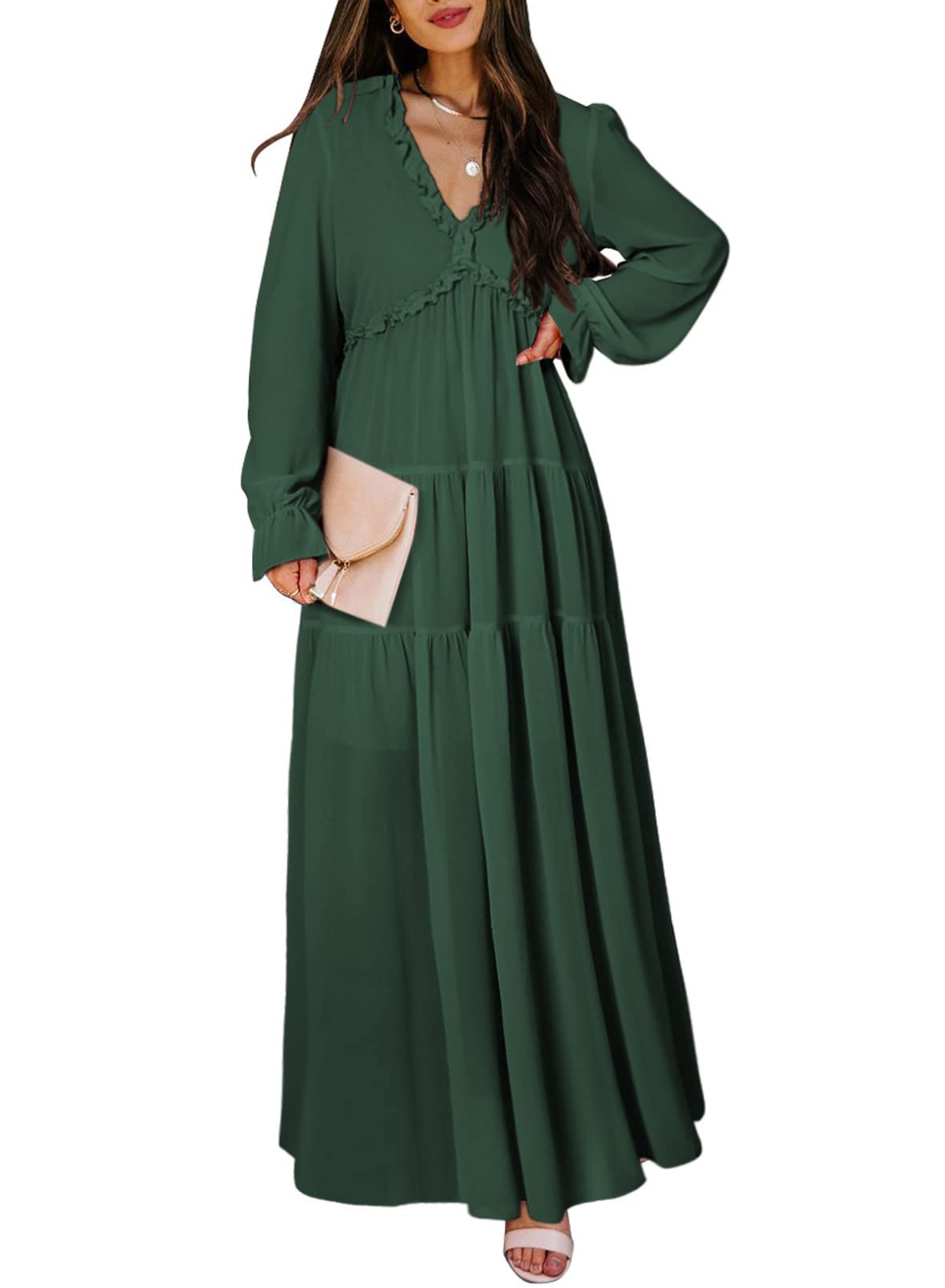 Photo 1 of ****ITEM CORRECT****BLENCOT Women's Casual Boho Solid Color Deep V Neck Loose Long Sleeve Long Evening Dress Ruched Cocktail Party Maxi Wedding Dress Dark Green X-Large