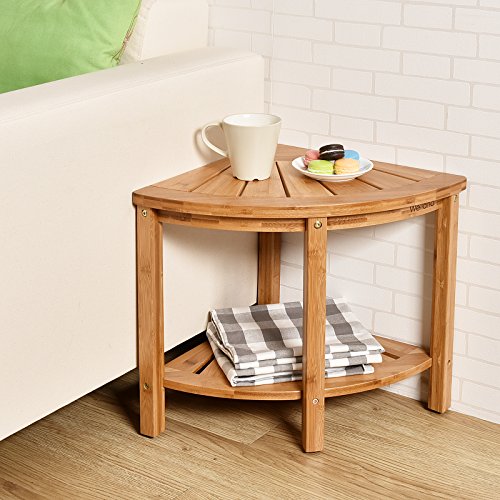 WELLAND Corner Shower Bench with Storage Shelf, Bamboo Shower Stool, 15