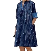 Womens Linen Long Sleeve Simple Printed Button Down Shirt Dress Plus Size Loose Shirt Dresses for Women with 2 Pockets