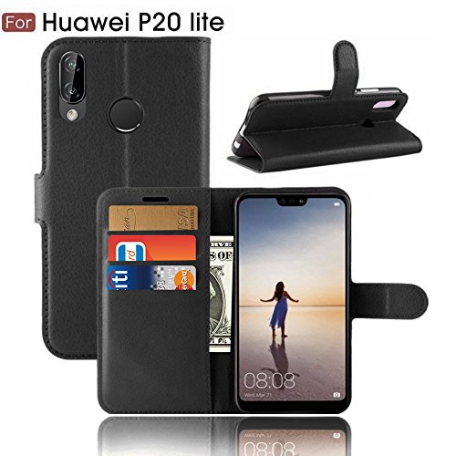 Huawei P20 Lite Wallet Phone Case, PRODELI Premium PU Leather Folio Flip Magnetic Closure Phone Protective Case Cover with Stand Function and Card Slots (Black)