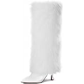 QLR Womens 3.3-inch Kitten Heel Knee High Fur Boots Furry Fuzzy Fluffy Pointed Toe Boots for Women Tall Wide Calf Fall Winter Snow Fold Over Boot with Side Zipper