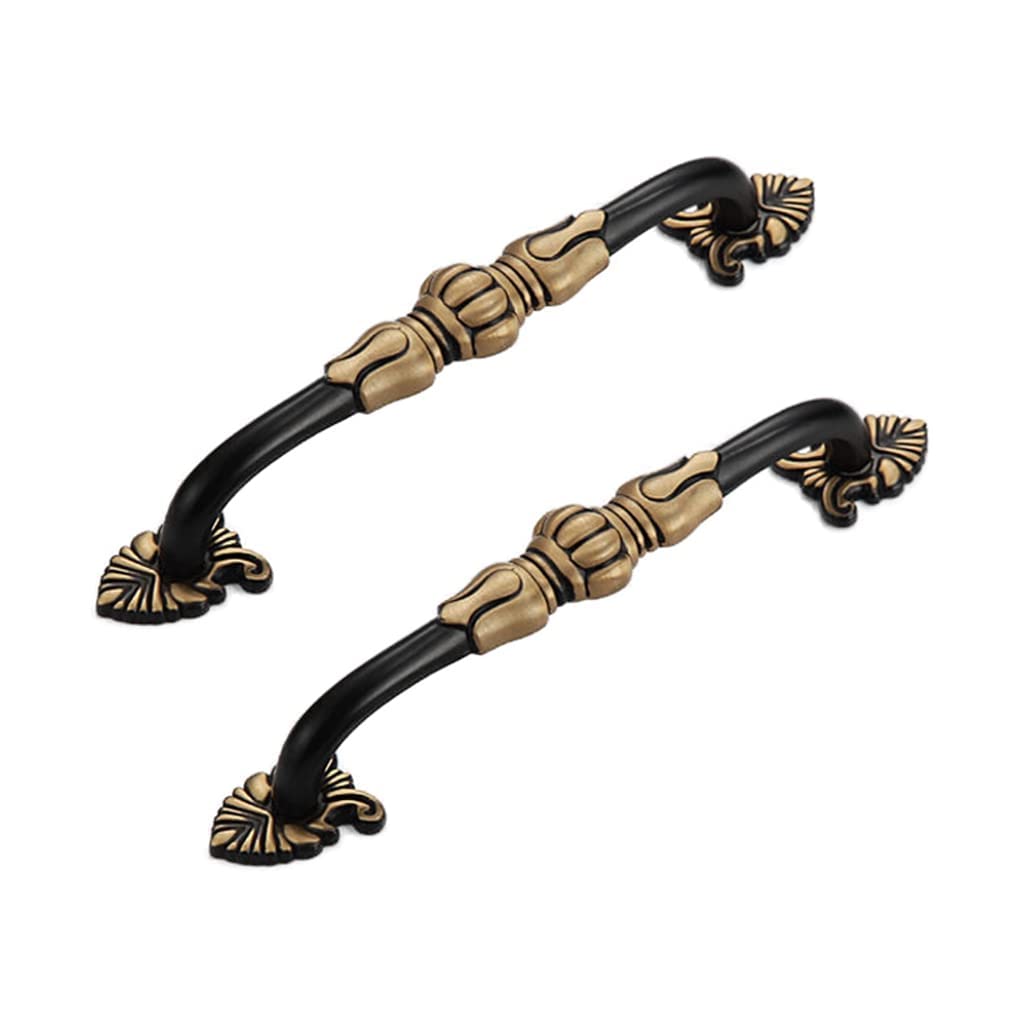 CcHhyyt 2 Pack 3-3/4” Brass Cabinet Pulls Antique Floral Pattern Cupboard Handle Drawer Pulls Solid Brass Kitchen Hardware Matte Gold Handles for Cabinet Drawer Wardrobe (128mm Hole Center, Black)