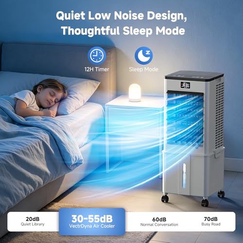 Portable Air Conditioner,4-in-1 AC Unit with 3 Speeds, 12H Timer, 60° Oscillation, 35dB Quiet, Remote Control, 10L Water Tank & 4 Ice Packs,60W Evaporative Air Cooler for Home & Office Bedroom（Black）