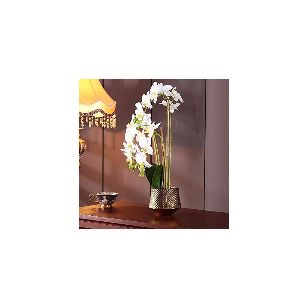 Large Artificial Orchid Phalaenopsis Arrangement Flower Bonsai With Golden Vase Table Centerpiece White 3 Silk Flower Arrangements