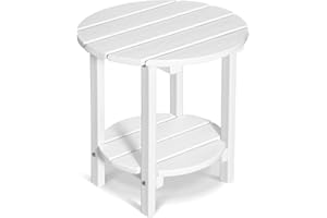 LOENIY 2 -Tier Outdoor Side Table HDPE Adirondack Table Patio Side Table with Wood-Like Grain Weather Resistant End Table Small Outdoor Table (White, Round)
