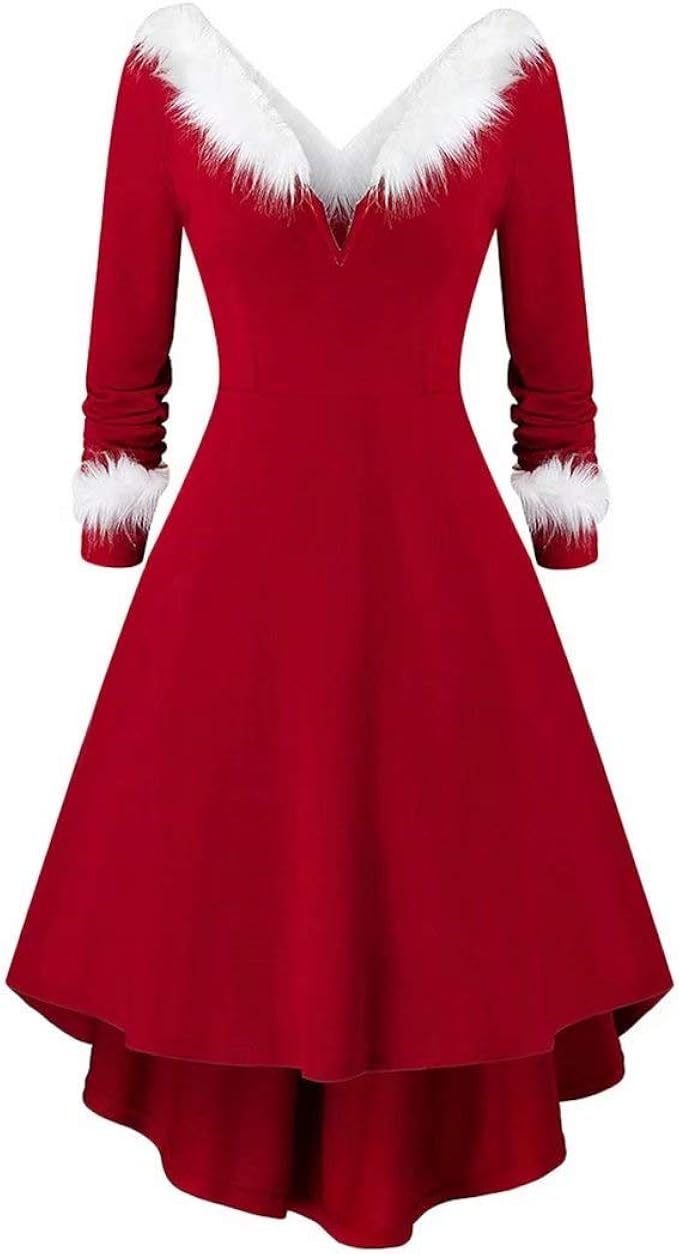 Mrs. Santa Claus Costume Christmas Dress Fur Collar Swing Long Sleeve