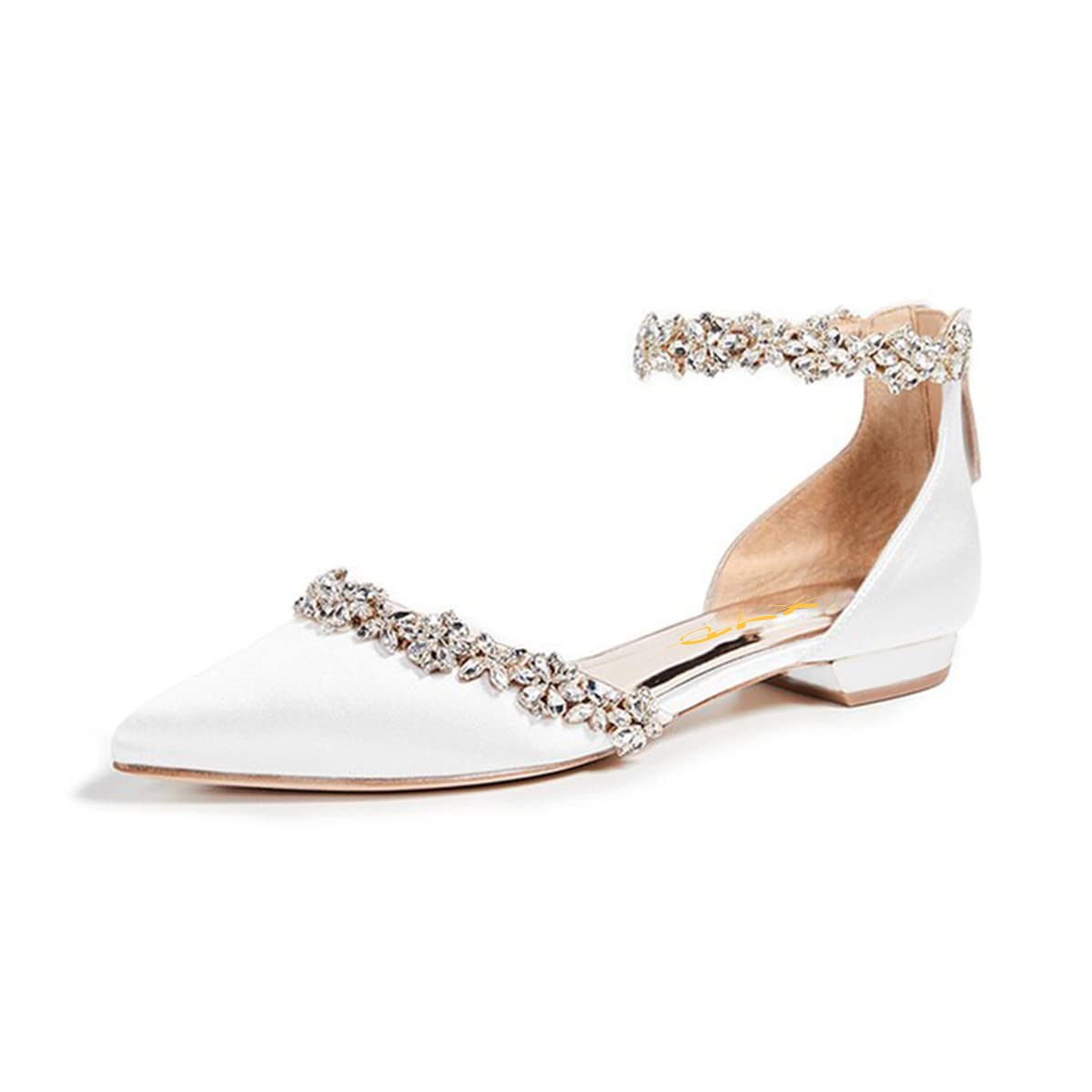 Photo 1 of XYD Women Classic Pointed Toe D'Orsay Wedding Flat Sandals Sparkly Rhinestones Ankle Strap Low Heel Dress Shoe with Zipper (Size 10, White)