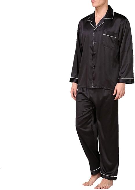 Amazon Co Jp メンズパジャマファッションホームカジュアルクラシックサテンのナイトウェア2点セット長袖ラペル部屋着 Color Black 2 Size 2xl 服 ファッション小物
