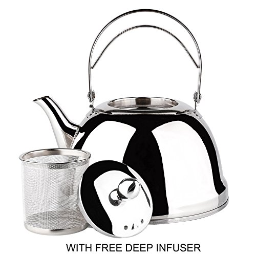 Tea Pot with Infuser Loose Tea for Stove Top 18/10 Stainless Steel Coffee Kettle 8 Cup Quick Boil Sturdy Teapot Hot Water Mirror Finish 2 Liter/2.1 Quart 68 Ounce by Onlycooker