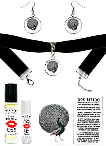 Peacock Velvet Choker, Earrings, Temp Tattoos, Body Oil, Lip Balm Gift Set