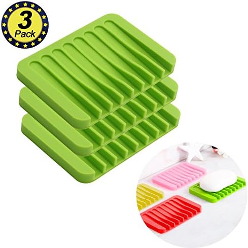 INFOS Soap Dish Shower Waterfall Soap Tray Soap Saver Soap Holder Drainer for Shower/Bathroom/Kitchen/Counter Top,Keep Soap Bars Dry Clean,Easy Cleaning,Flexible Silicone,3 Pack,Green