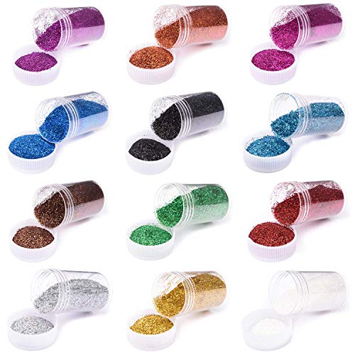 Allwon Glitter Powder Sequins Loose Eyeshadow Glitter Powder Shakers for Slime Scrapbooking Face Body Nail Art Holiday Crafts (12 Boxes)