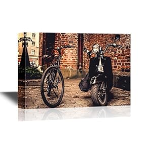 Retro Style Canvas Wall Art - Retro Bicycle and Moto Scooter Over The Wall from Red Bricks - Gallery Wrap Modern Home Art | Ready to Hang - 12x18 inches
