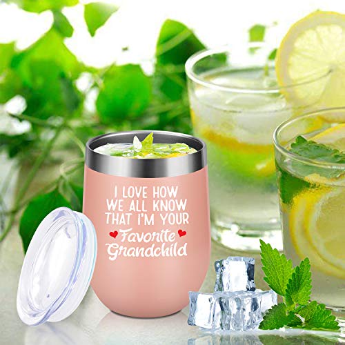 I Love How We All Know That I'm Your Favorite Grandchild - LEADO 12 oz Stainless Steel Wine Tumbler with Lid and Straw, Insulated Stemless Sippy Cup, Perfect Birthday Gift for Grandma (Blush Gold)