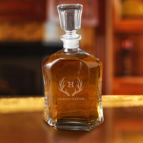 Personalized Glass Decanter (Capital Style, Antlers Design) - Engraved 23 oz Liquor Bottle - Choose from 7 Monogram Designs - Unique Gift for Him