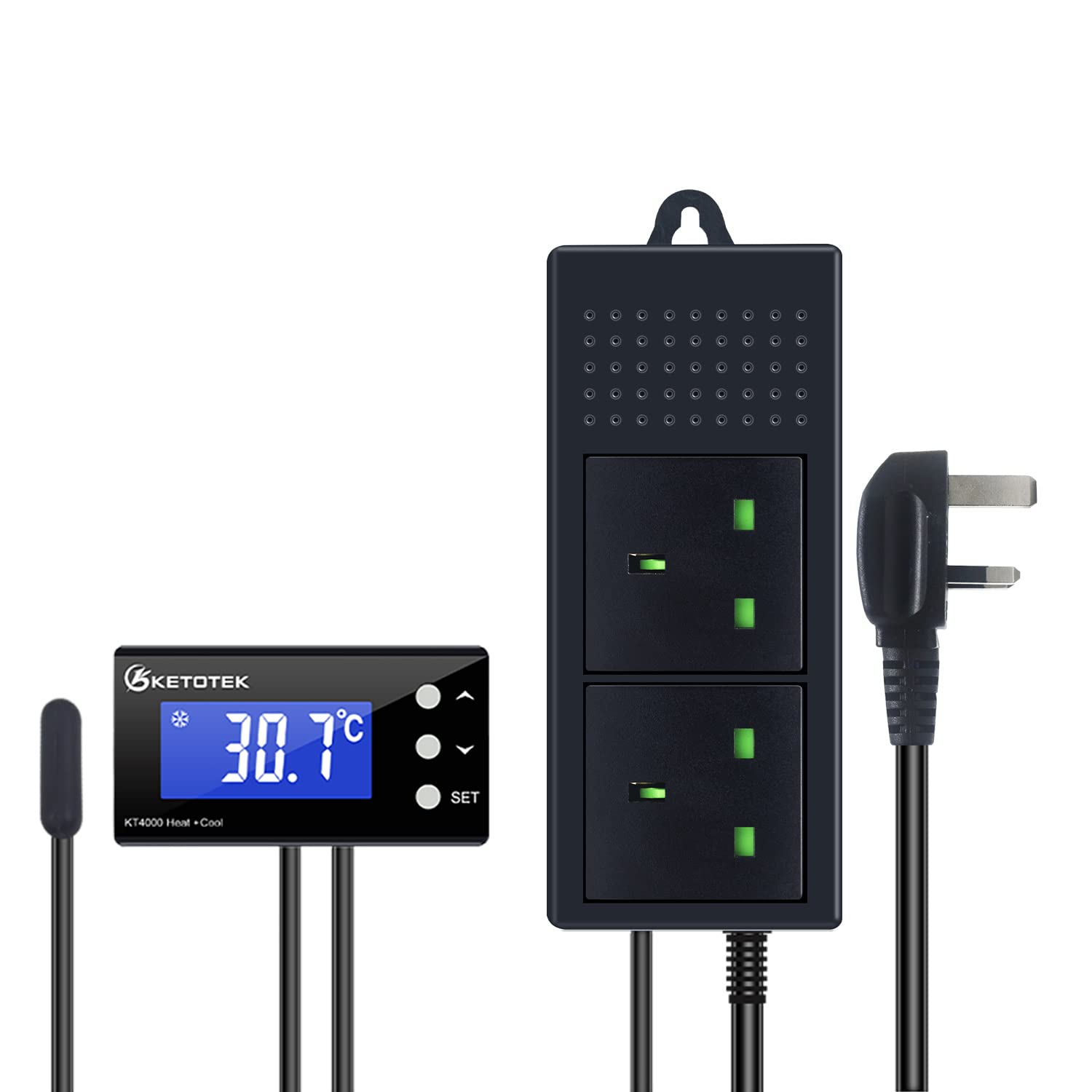 KETOTEK Digital Temperature Controller Thermostat Plug Socket with Waterproof Sensor, 2-Stage Thermostatic Plug 220V Heating Cooling Temperature Switch for Aquarium Greenhouse Heater Fan