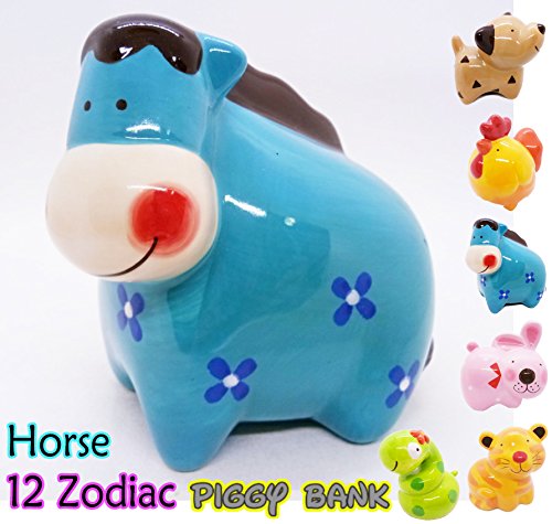 WitnyStore Piggy Bank Ceramic 12 Zodiac Handmade Paint Coat Decor Collect coin Quality Cute (Horse)