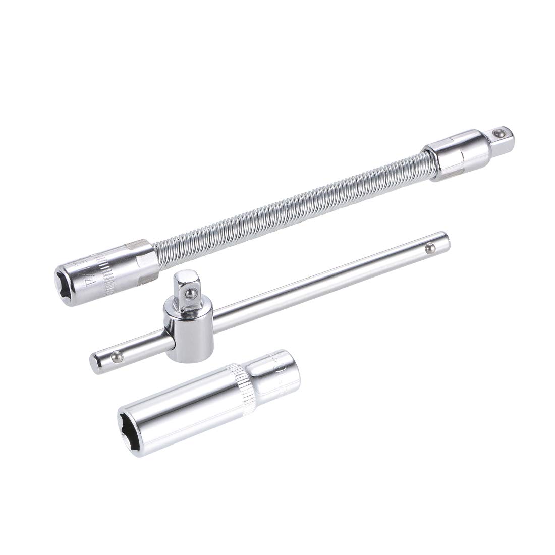 sourcing map Socket Accessory Set of 3 Pcs, 10mm 6-Point Deep Socket 4.5" Sliding Wrench Breaker Bar 6" Flexible Extension Bar with 1/4" Drive
