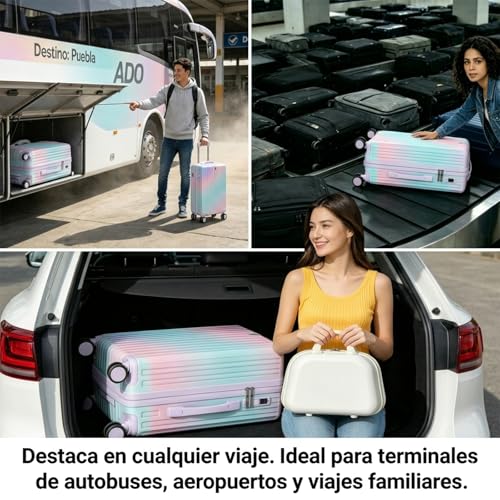 HOGESA Maleta Carry On, 20" y 14", con Neceser, Portavasos, USB Puerto de Carga y Práctico Gancho, Ruedas Giratorias Silenciosa 360°, Candado de Seguridad(Arcoíris)