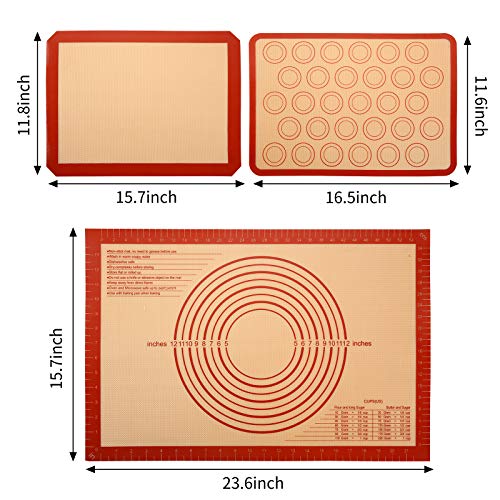 Silicone Baking Mats with Measurement - Set of 3 Sheet (1 Large 2 Half) Non-stick Pastry Mat for Rolling Dough Kitchen Kneading Mat for Making Cookies, Macaron, Bread, Pizza, Pie Reusable Oven Liner