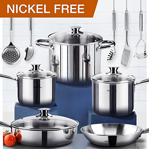 Click Here to See More Images HOMI CHEF 14-Piece Mirror Polished Nickel Free Stainless Steel Cookware Set (No Toxic Non Stick Coating, Frying Pan + Saute Pan + 2 Sauce Pans + Stock Pot + 5 Utensils) - Induction Ready Cookware Set