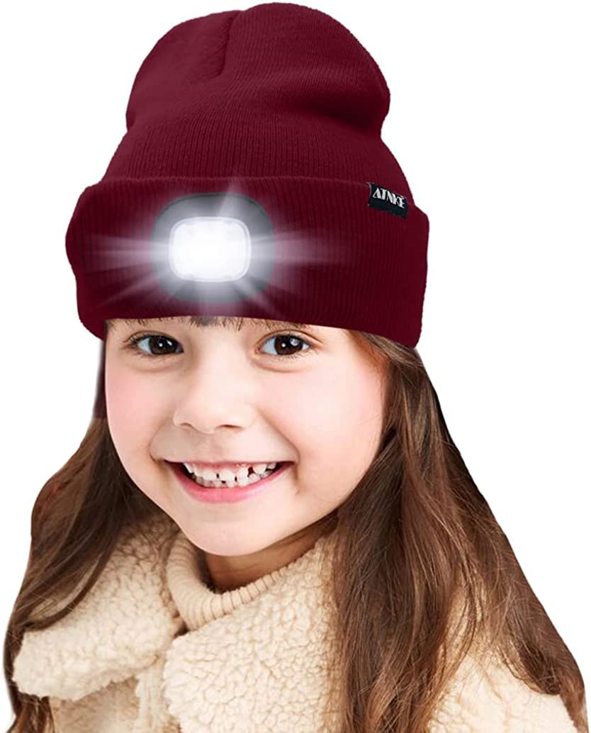 ATNKE Kids LED Lighted Beanie Cap, USB Rechargeable 4 LED Headlamp Waterproof Winter Warmer Knit Night Hats with Light for Boys Girls/Wine Red