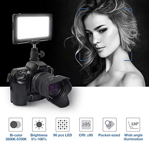 Moman On-Camera LED Video Light Panel 4.5 Inch, CRI96+ Metal-Attachable Mini Film Lighting Kit with OLED Display, Bi-Color 3500K-5700K Dimmable, for Portrait Photography, Aluminum (Black)