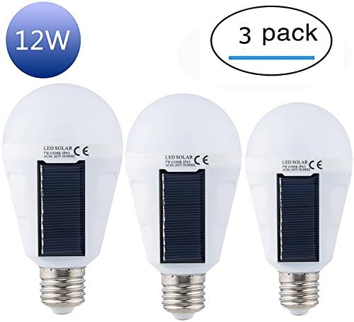 Mordely Solar Panel Light Bulb LED Powered Light,Portable Waterproof Emergency Light Bulb,7W 1200mAH with White Light for Indoor and Outdoor,Garden,Hiking,Camping,White (12W-3Pack)
