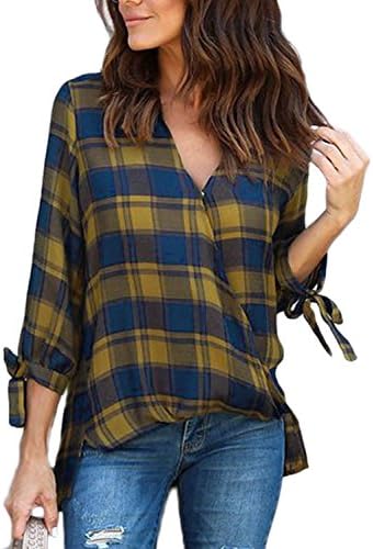 LOSRLY Women V Neck Wrap Front Drape Blouse Long Sleeve Plaid Shirts Tops-Yellow XL 16 18