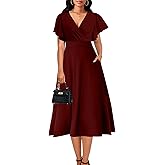 Elegant Dress for Women Casual Ruffle Short Sleeve V Neck Church Cocktail Party Work Wrap A Line Midi Dresses with Pocket