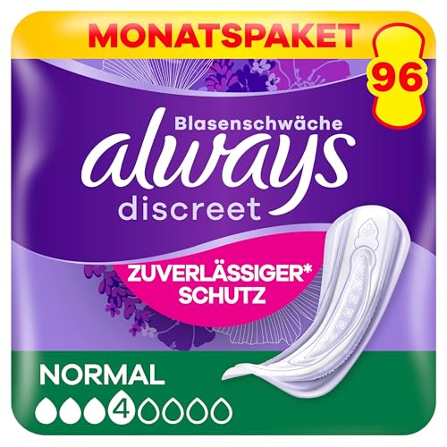 Always Discreet Normal Incontinence Pads 96 Pads (4 x 24 Pieces), Monthly Pack, Discreet Protection & High Absorbency, Locks Odours and Liquid Immediately (Packaging May Vary)