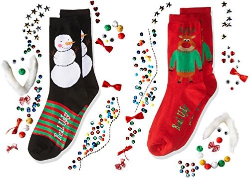 REAL UGLY CHRISTMAS 2 Pack Kit Gift. Design your own Snowman and Reindeer Novelty Socks, Black/Red 9-11