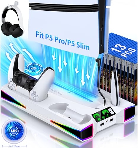Kawaye PS5 Stand PS5 Cooling Station for Playstation 5/Pro/Slim Console, PS5 Accessories Vertical Stand with 2.36in Large P5 Fan Cooling Fan, RGB Light, Dual Controller Charger, Headset Holder, 3 Charger Port