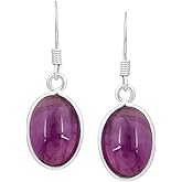 Natural & Synthetic Gemstone Oval Shape Dangle Earrings for Women – 925 Silver Plated Handmade Earrings – Lightweight & Comfortable Birthstone Jewelry – Gift for Wedding Anniversary Valentine's Day
