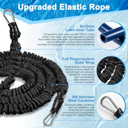 Vexyra Elastico Nuoto Statico Piscina, 2,5-7,5 M Cintura Nuoto Piscina per Adulti e Bambini, Controcorrente Regolabile in Lattice Naturale con Cintura Larga e Imbottita, Aiuto per Allenamento, Nero