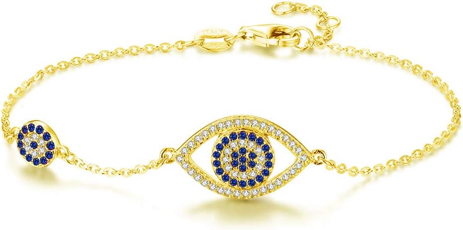Blue Evil Eyes Link Bracelet Sterling Silver 925 Cubic Zirconia Chain Adjustable 7"
